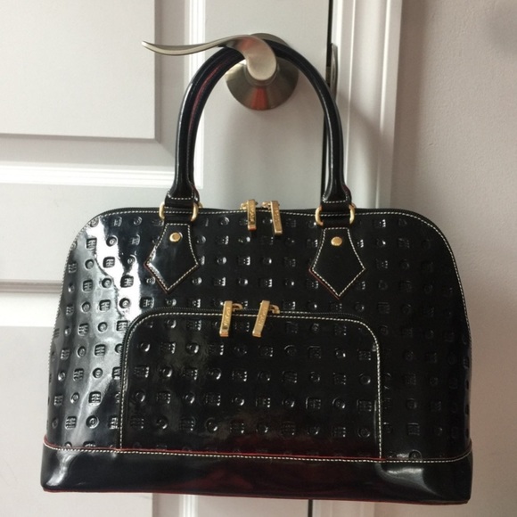 Arcadia Black Patent Leather Satchel with Gold Accents